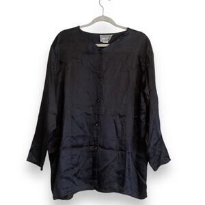 Womens Vintage Justin Allen Black Satin Polyester Collarless Button Up Size 2X